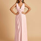 Sexy Satin Deep V-neck Long Bridesmaid Dresses A-line Pleats Sleeveless Floor Length
