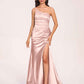 Satin One-shoulder Mermaid Bridesmaid Dresses Side Slit Pleats Floor Length