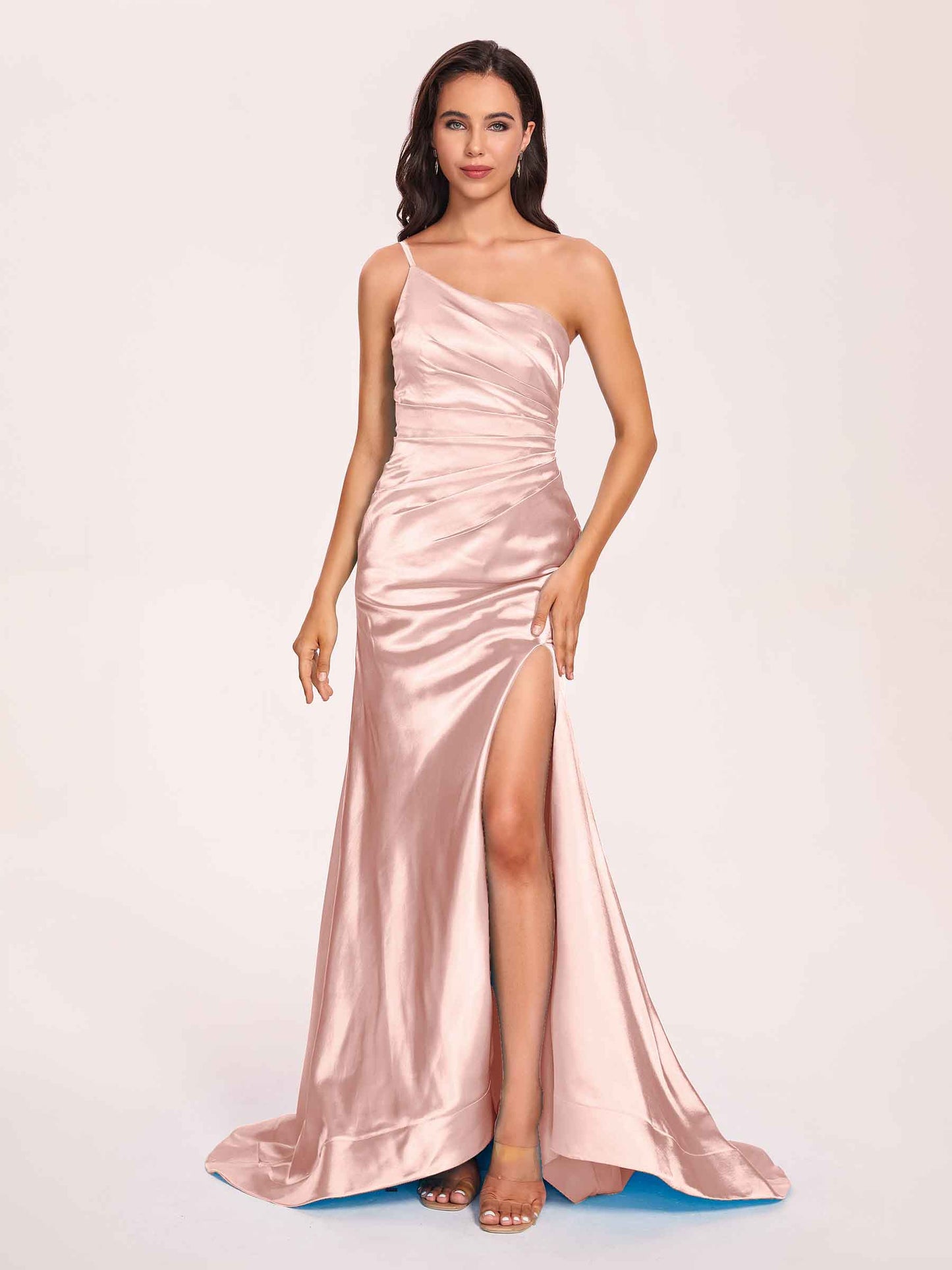 Satin One-shoulder Mermaid Bridesmaid Dresses Side Slit Pleats Floor Length