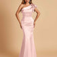 Satin One-shoulder Bridesmaid Dresses Ruffle Sleeves Mermaid Floor Length For Sale