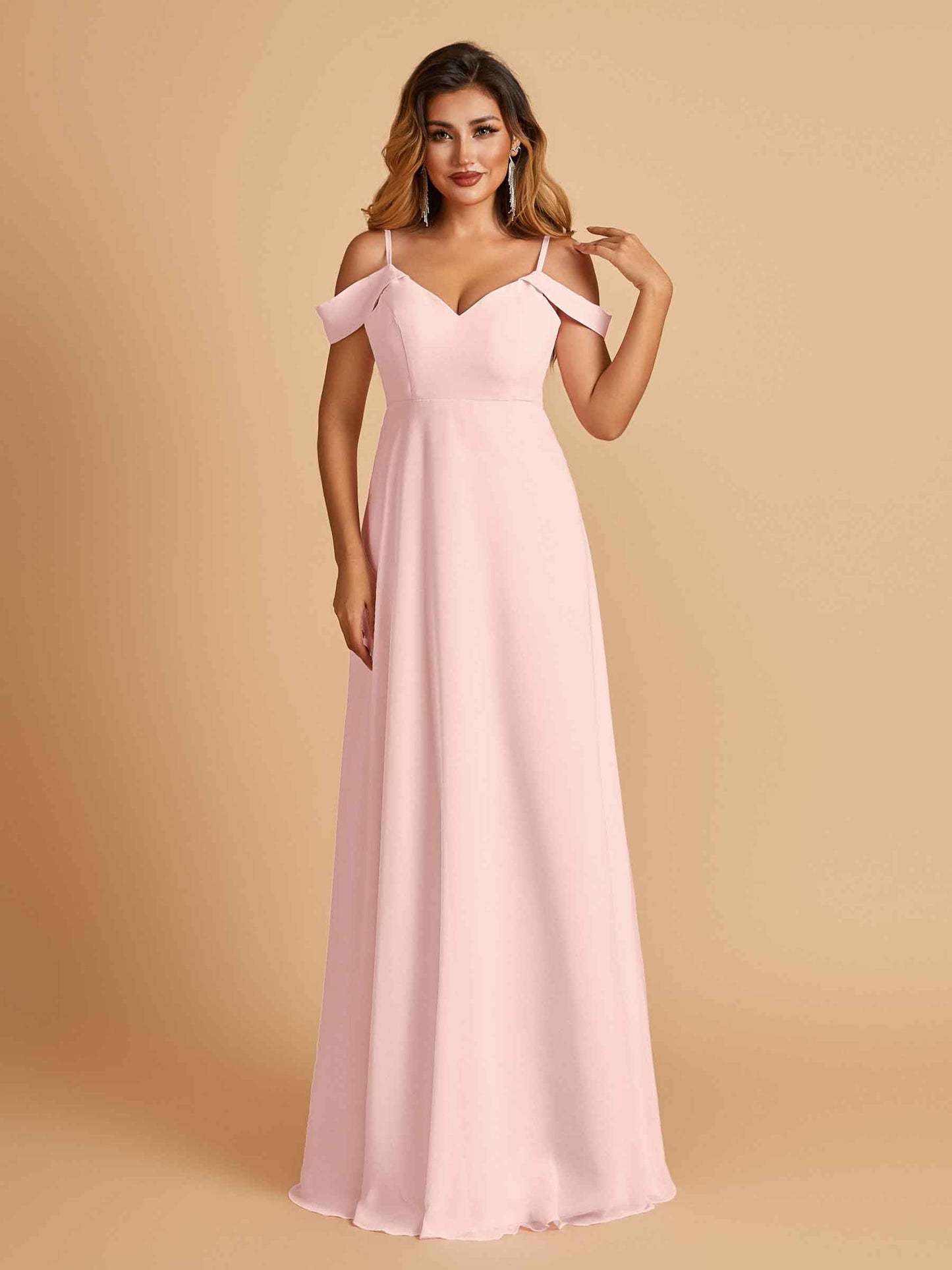 Chiffon Off-shoulder Long Prom Dresses V-neck Floor Length A-line