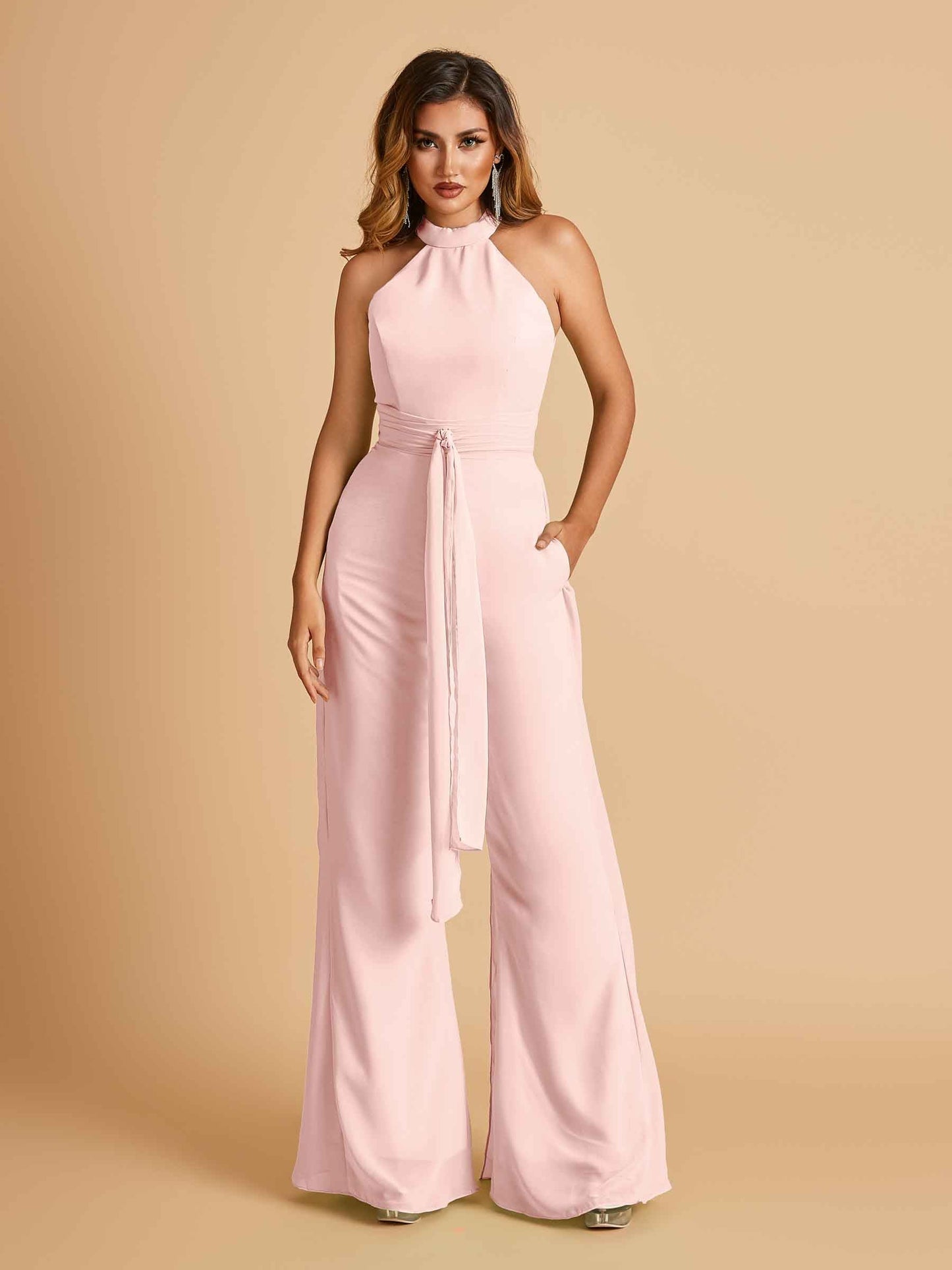 Chiffon Prom Jumpsuit Jewel Neck Sleeveless Floor Length With Pockets