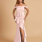 Satin Mermaid Off Shoulder Bridesmaid Dresses With Ruffles Side Slit Floor Length