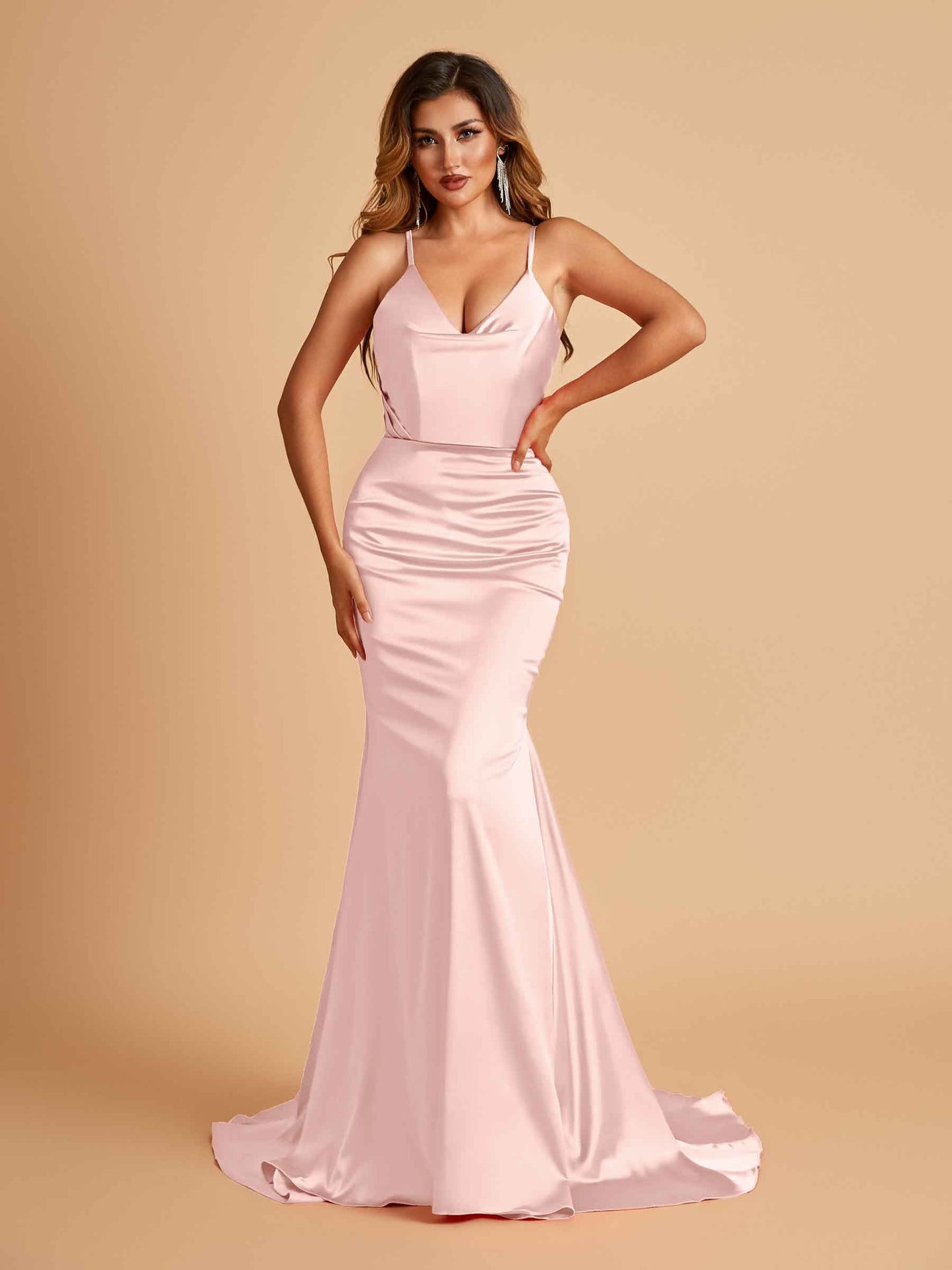 Sexy Satin Mermaid Prom Dresses Spaghetti Straps V-neck Pleats Floor Length