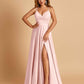 Satin A-line Long Bridesmaid Dresses Spaghetti Straps V-neck Side Slit Floor Length
