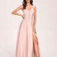Satin V-neck A-line Bridesmaid Dresses Side slit Floor Length