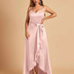Satin Asymmetric V-neck Bridesmaid Dresses Sleeveless Side Slit A-line Unique For Sale