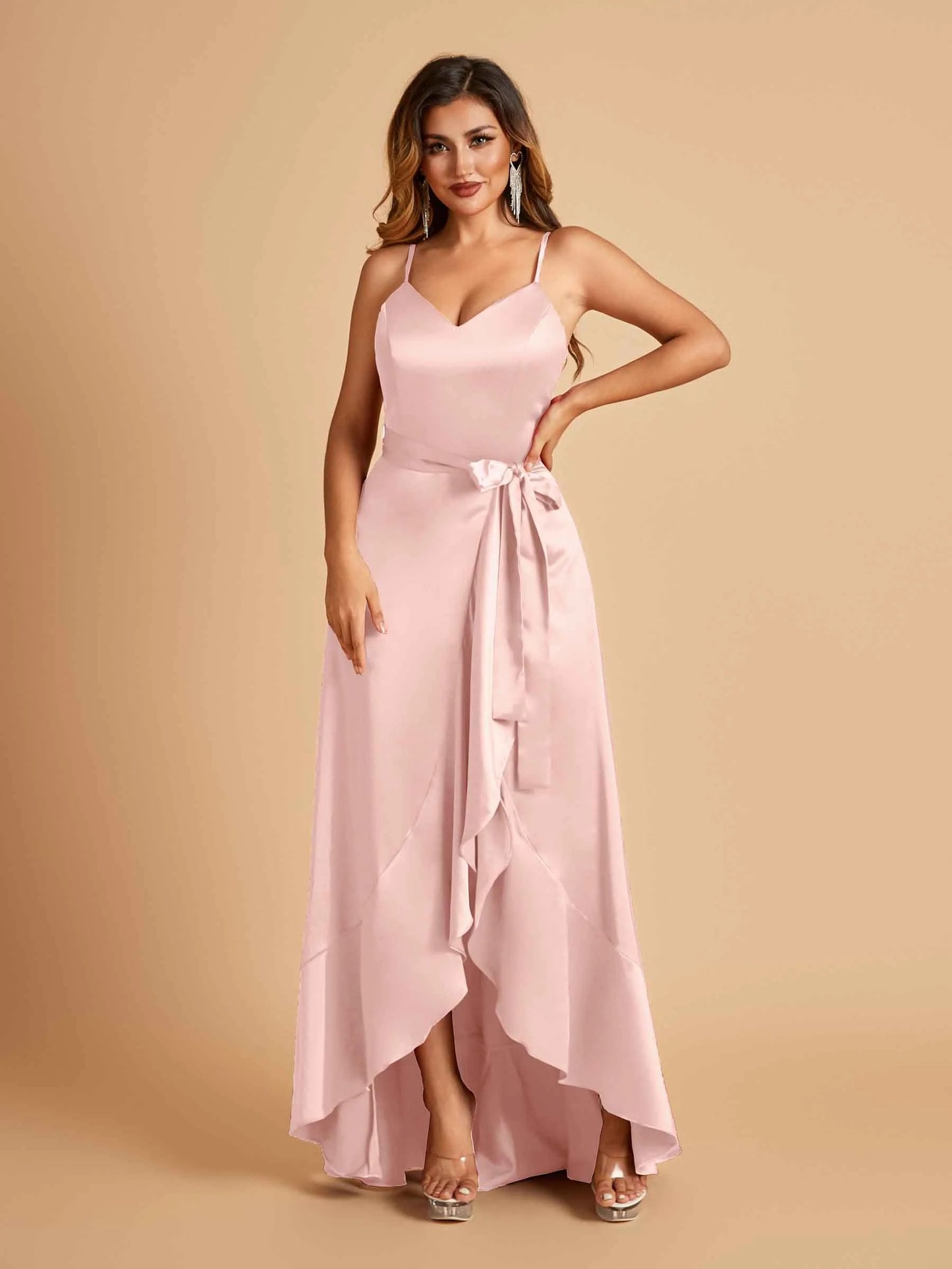 Satin Asymmetric V-neck Bridesmaid Dresses Sleeveless Side Slit A-line Unique For Sale