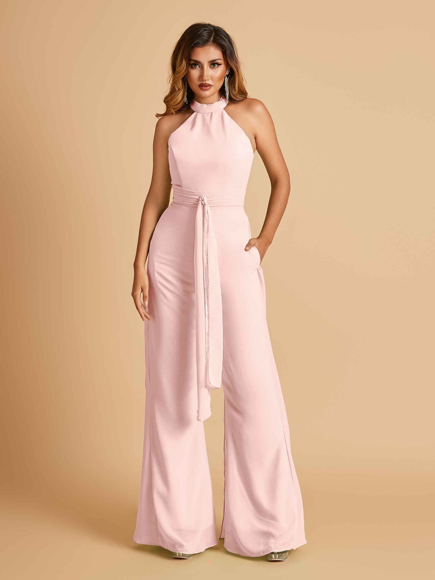 Chiffon Bridesmaid Jumpsuit Jewel Neck Sleeveless Floor Length With Pockets