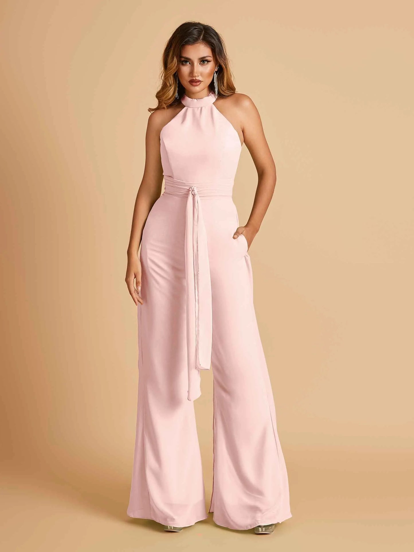 Chiffon Bridesmaid Jumpsuit Jewel Neck Sleeveless Floor Length With Pockets For Sale