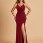 Jersey Mermaid Bridesmaid Dresses Spaghetti Straps V-neck Side Slit Floor Length