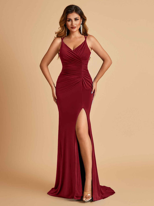 Jersey Mermaid Bridesmaid Dresses Spaghetti Straps V-neck Side Slit Floor Length