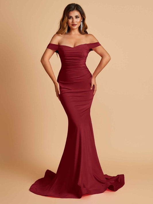 Jersey Mermaid Prom Dresses Off Shoulder Sweetheart Pleats Floor Length