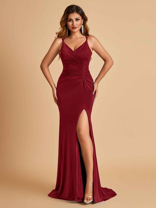 Jersey Mermaid Prom Dresses Spaghetti Straps V-neck Side Slit Floor Length