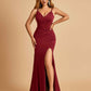 Jersey Mermaid Bridesmaid Dresses Spaghetti Straps V-neck Side Slit Pleats Floor Length