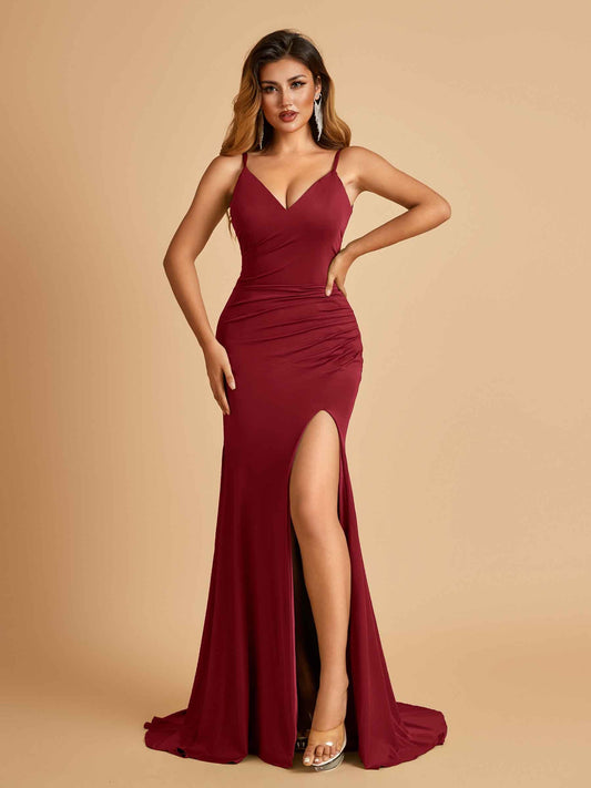 Jersey Mermaid Prom Dresses Spaghetti Straps V-neck Side Slit Pleats Floor Length