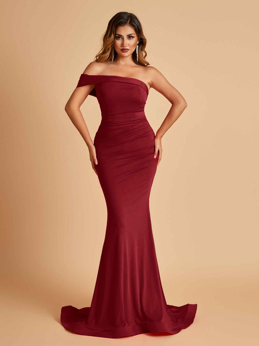 Sexy Jersey One Shoulder Prom Dresses Mermaid Pleats Floor Length Unique