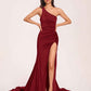 Jersey One-shoulder Prom Dresses Open Back Pleats Side-Slit With Train Long