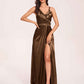 Sexy Satin A-line Bridesmaid Dresses Spaghetti Straps Side Slit V-neck Floor Length