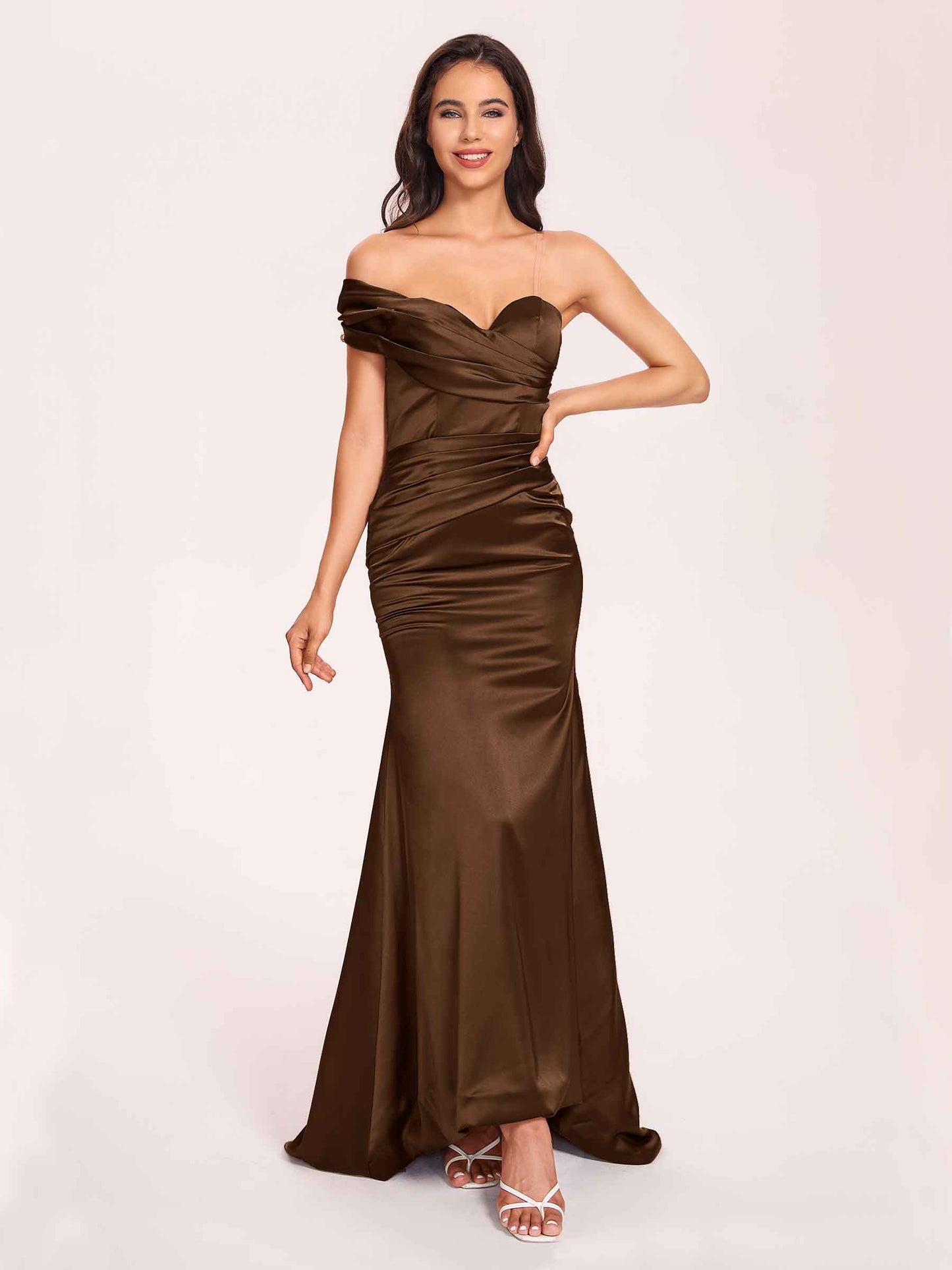 Satin One-shoulder Bridesmaid Dresses Pleats Floor Length Mermaid Long