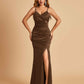 Sexy Satin Mermaid Prom Dresses Spaghetti Straps V-neck Side Slit Floor Length