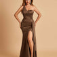 Satin One Shoulder Mermaid Bridesmaid Dresses Side Slit Floor Length