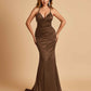 Satin Mermaid Open-back Prom Dresses Spaghetti Straps V-neck With Pleats Floor Length