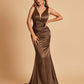 Sexy Satin Criss-cross Back Prom Dresses Mermaid Deep V-neck Back Pleats Floor Length