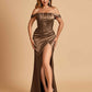 Satin Corset Off Shoulder Bridesmaid Dresses Sheath Side Slit Floor Length For Sale