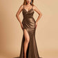 Satin Mermaid V-neck Bridesmaid Dresses Spaghetti Straps Side Slit Floor Length