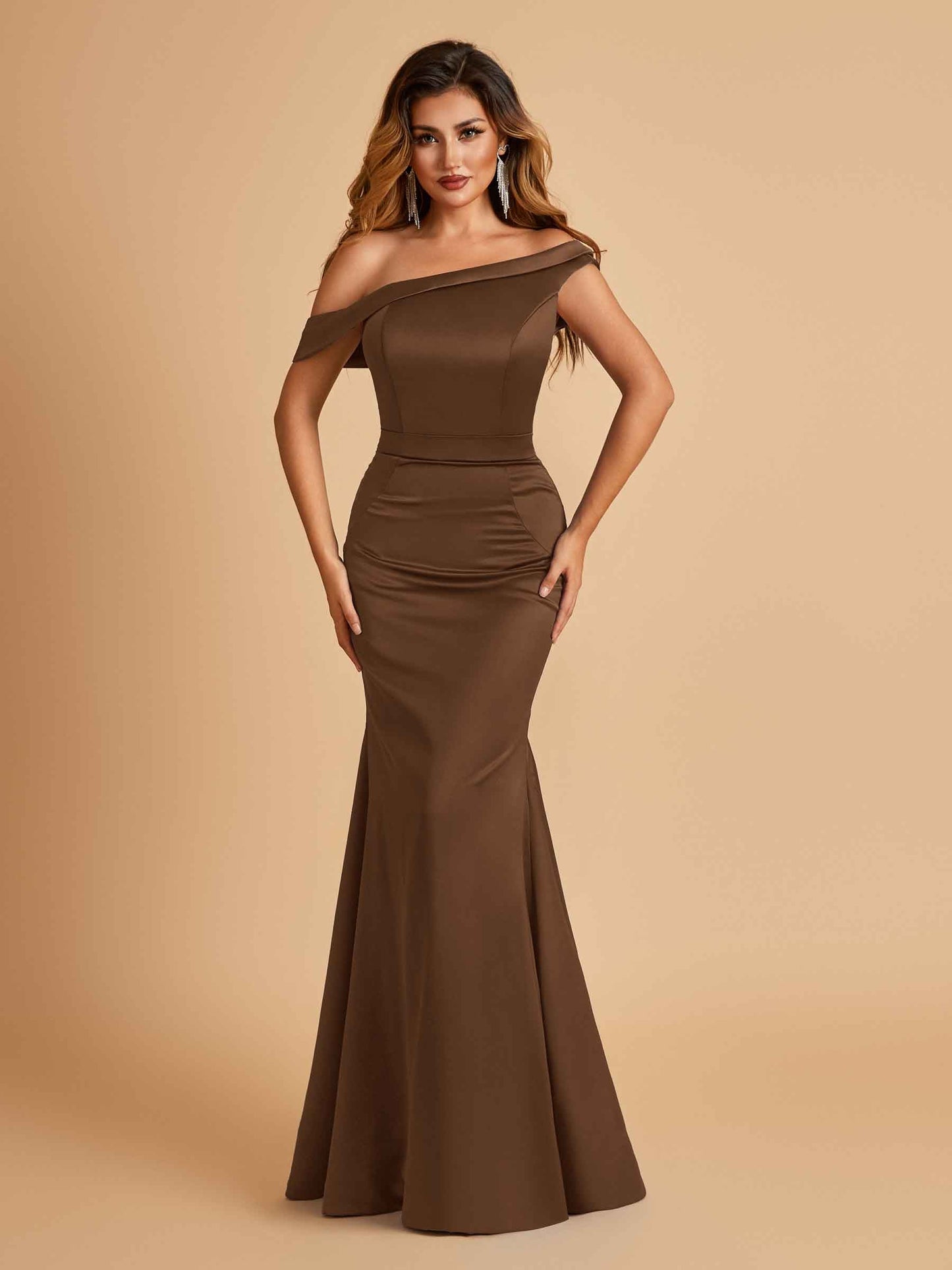 Charming Satin Off Shoulder Mermaid Prom Dresses Straps Floor Length