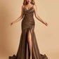 Sexy Satin Mermaid Open Back Prom Dresses Spaghetti Straps V-neck Side Slit
