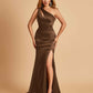Sexy Satin Key Hole Bridesmaid Dresses One Shoulder Key Hole Floor Length Sheath For Sale