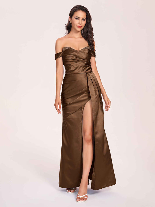 Elegant Satin Off Shoulder Bridesmaid Dresses Side-slit Sweetheart Floor Length Sheath