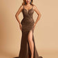 Satin Mermaid Long Prom Dresses Spaghetti Straps Sweetheart Side Slit Floor Length