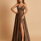 Satin A-line Long Prom Dresses Spaghetti Straps V-neck Side Slit Floor Length