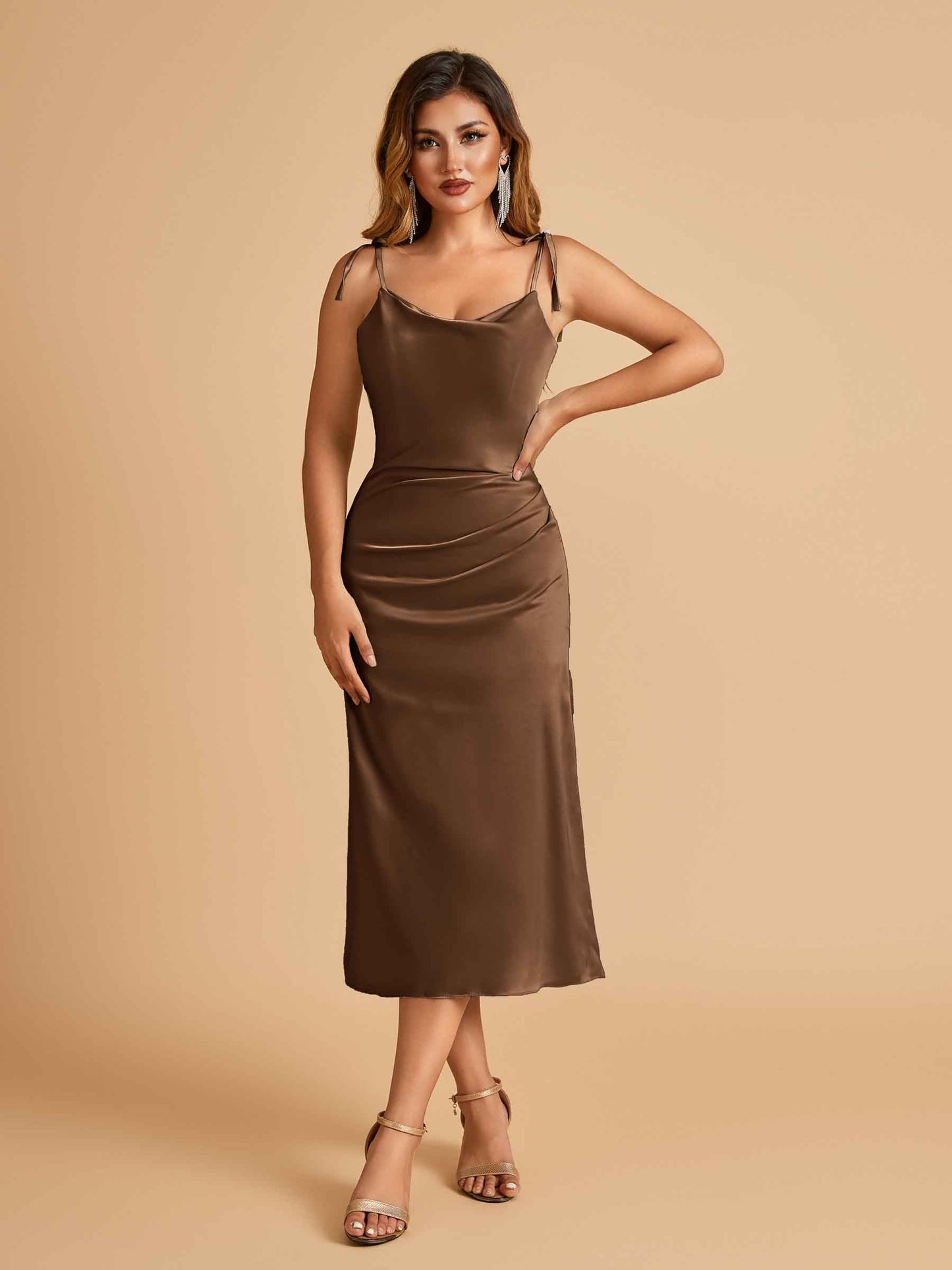 Sexy Satin Midi Prom Dresses Spaghetti Straps Slip Scoop Side Slit