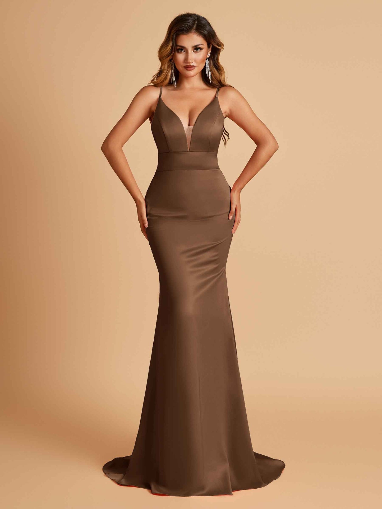 Satin Deep V-neck Mermaid Prom Dresses Open Back Floor Length