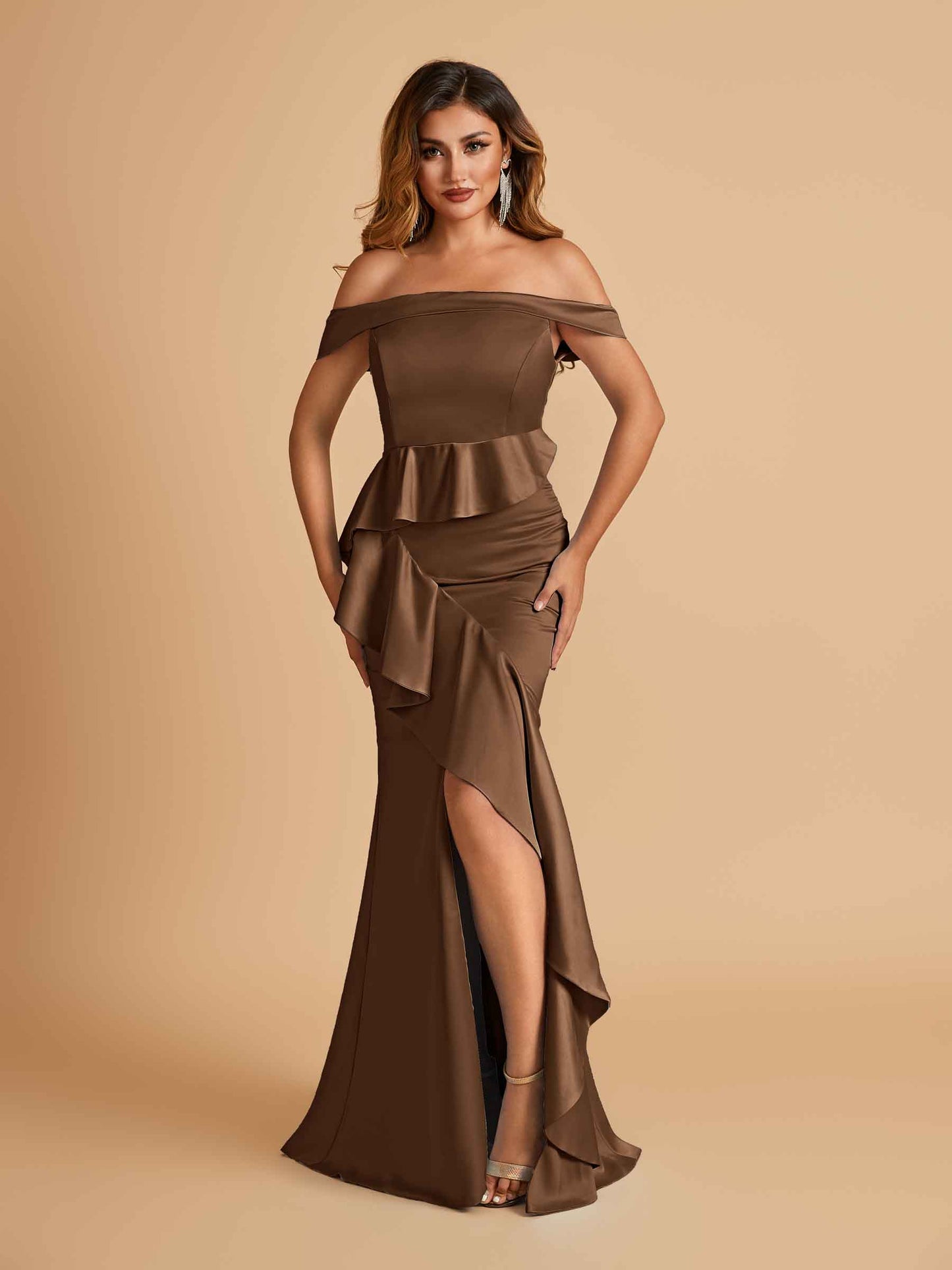 Satin Mermaid Off Shoulder Bridesmaid Dresses With Ruffles Side Slit Floor Length