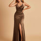Sexy Satin Sheath Bridesmaid Dresses Spaghetti Straps V-neck Side Slit Pleats Floor Length