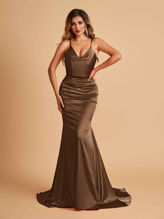 Sexy Satin Mermaid Bridesmaid Dresses Spaghetti Straps V-neck Pleats Floor Length