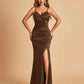 Sexy Satin Mermaid Bridesmaid Dresses Spaghetti Straps V-neck Side Slit Floor Length
