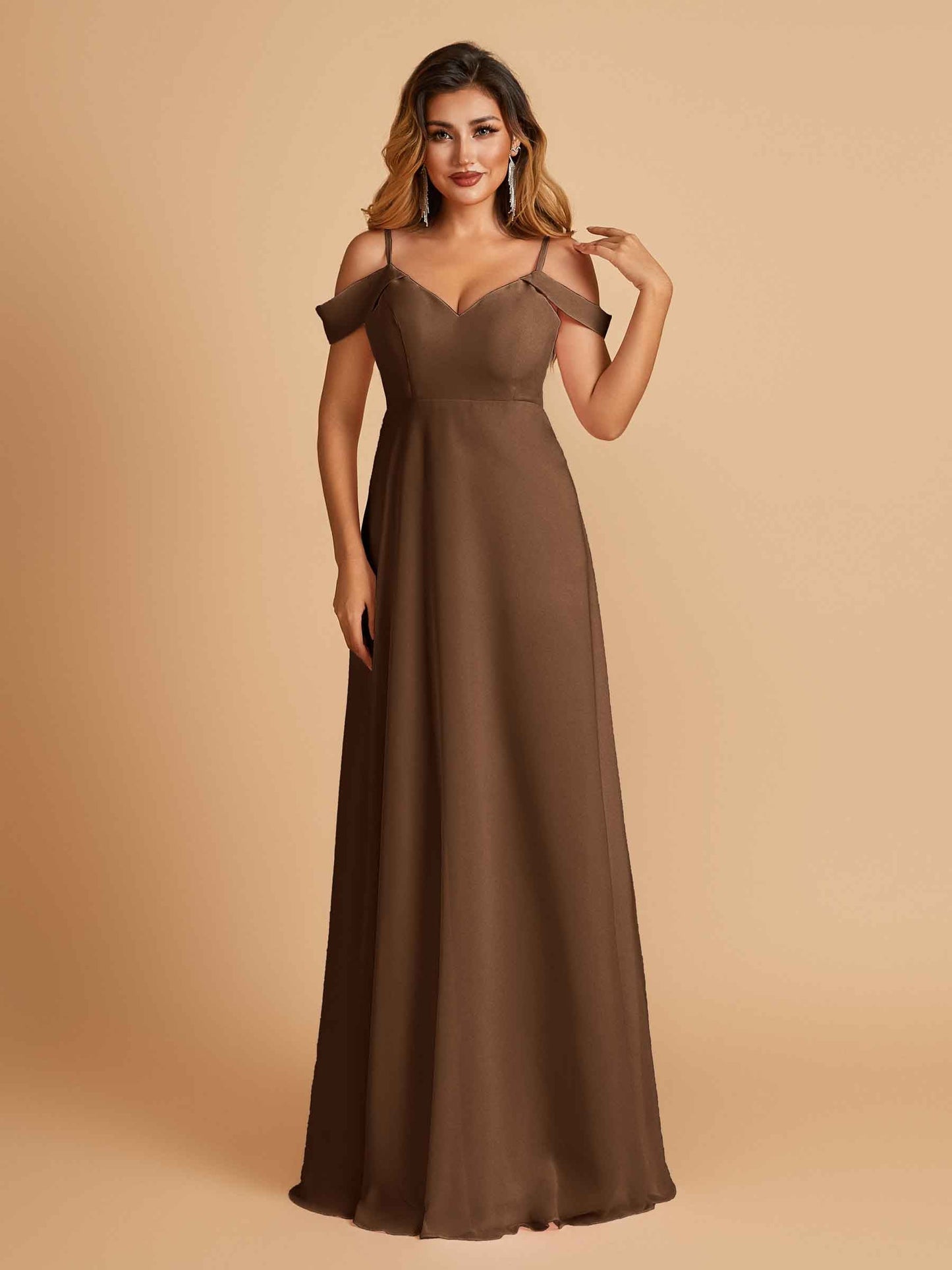 Chiffon Off-shoulder Long Bridesmaid Dresses V-neck Floor Length A-line For Sale