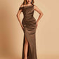 Unique Satin One Shoulder Bridesmaid Dresses Side Slit Half Open Back Floor Length