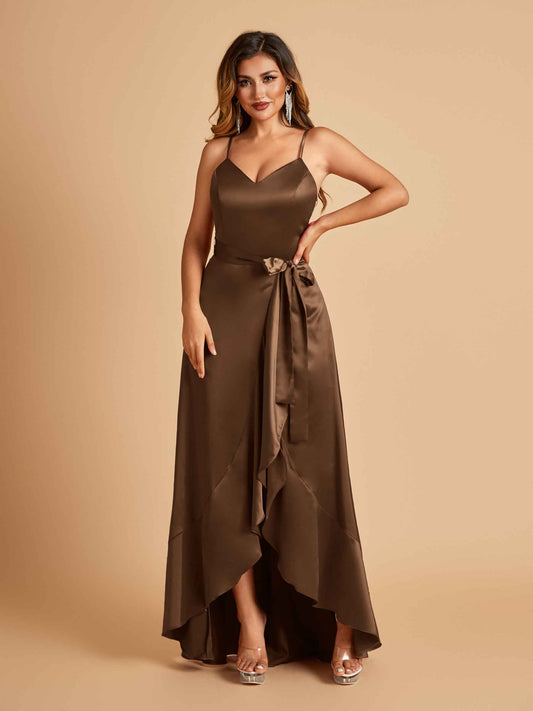 Satin Asymmetric V-neck Bridesmaid Dresses Sleeveless Side Slit A-line Unique