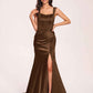Sexy Satin Square Mermaid Bridesmaid Dresses Pleats Side-Slit Floor-Length Sleeveless