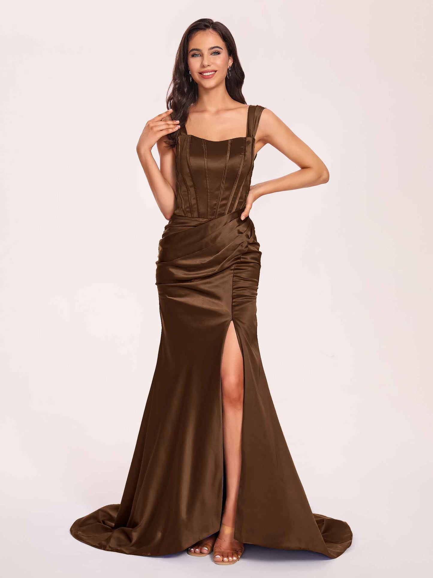 Sexy Satin Square Mermaid Bridesmaid Dresses Pleats Side-Slit Floor-Length Sleeveless