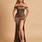 Satin Corset Off Shoulder Bridesmaid Dresses Sheath Side Slit Floor Length