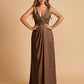 Sexy Satin Deep V-neck Long Bridesmaid Dresses A-line Pleats Sleeveless Floor Length