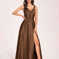 Satin V-neck A-line Prom Dresses Side slit Floor Length